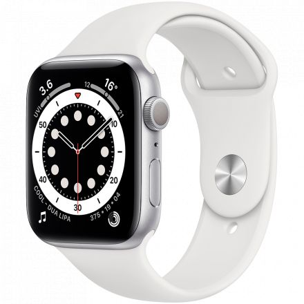 Apple Watch Series 6 GPS, 44мм, Серебристый, Спортивный ремешок белого цвета M00D3 б/у - Фото 0