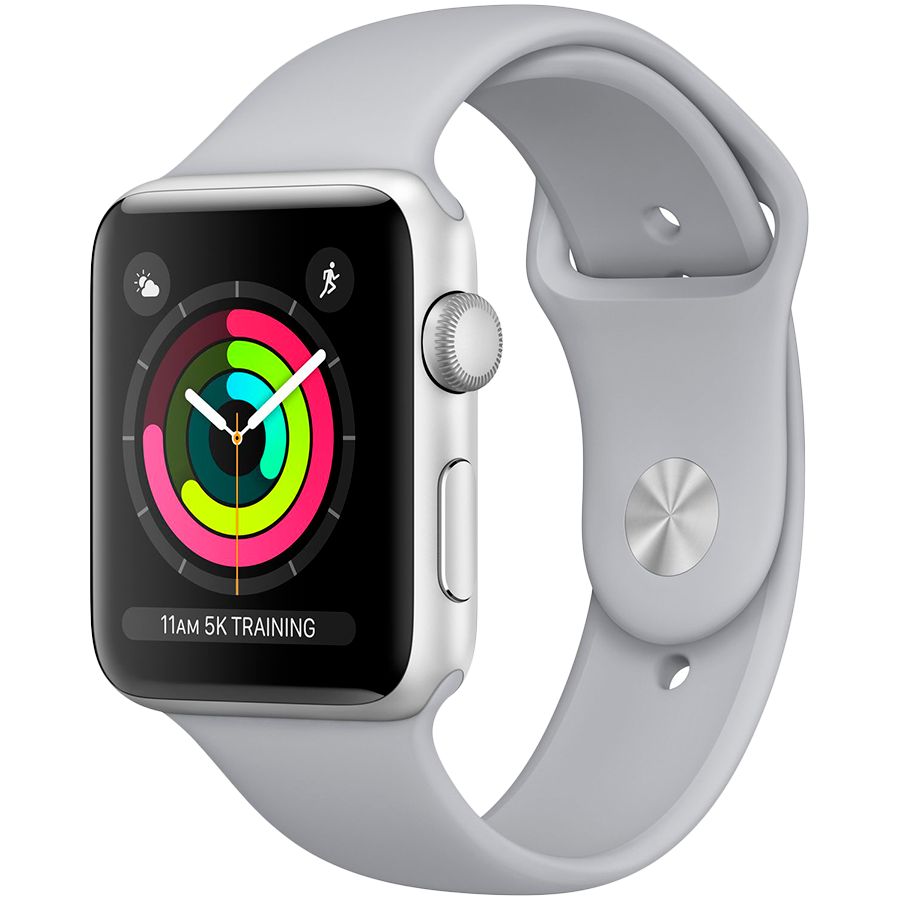 Apple Watch Series 3 GPS, 42мм, Серебристый, Спортивный ремешок дымчатого цвета MQL02 б/у - Фото 0
