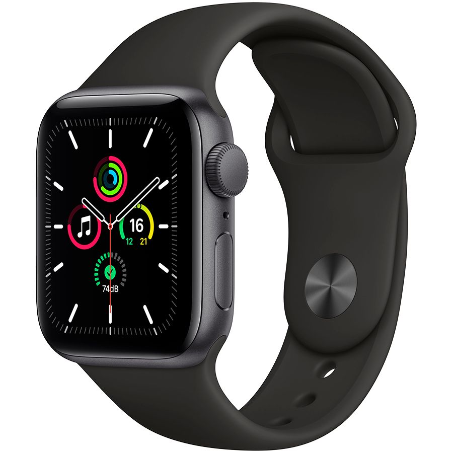 Apple Watch SE GPS, 40мм, Серый космос, Cпортивный ремешок чёрного цвета MYDP2 б/у - Фото 0