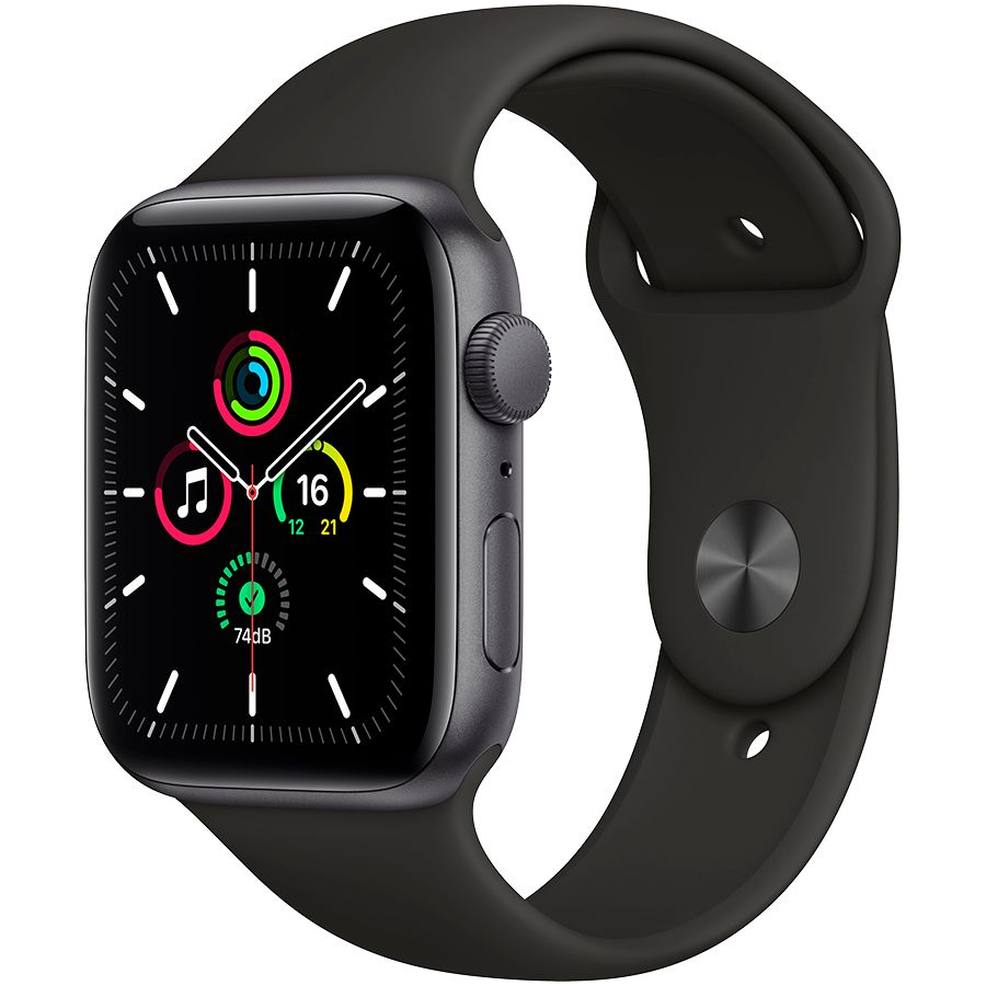 Apple Watch SE GPS, 44мм, Серый космос, Cпортивный ремешок чёрного цвета MYDT2 б/у - Фото 0