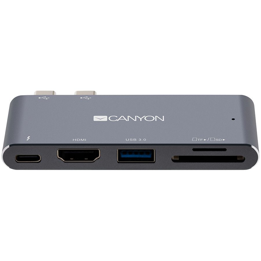 

CANYON DS-5 Multiport Docking Station with 5 port, with Thunderbolt 3 Dual type C male port, 1*Thunderbolt 3 female+1*HDMI+1*USB3.0+1*SD+1*TF. Input 100-240V, Output USB-C PD100W&USB-A 5V/1A, Aluminiu, Серый космос