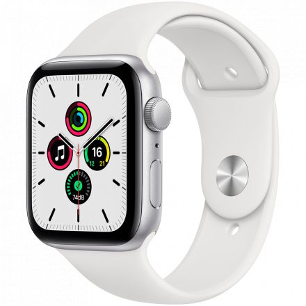 Apple Watch SE GPS, 44mm, Silver, White Sport Band