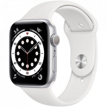 Apple Watch Series 6 GPS, 44мм, Серебристый, Спортивный ремешок белого цвета