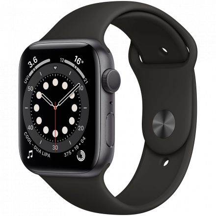Apple Watch Series 6 GPS, 44мм, Серый космос, Cпортивный ремешок чёрного цвета