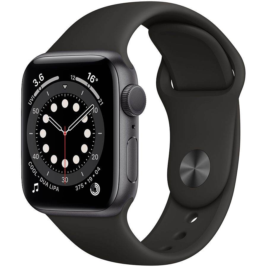 Apple Watch Series 6 GPS, 40мм, Серый космос, Cпортивный ремешок чёрного цвета MG133 б/у - Фото 0