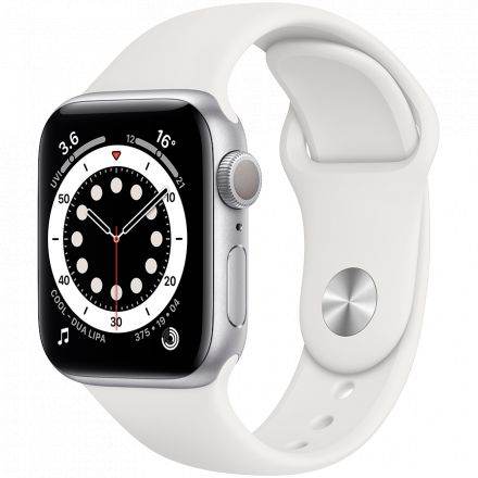 Apple Watch Series 6 GPS, 40мм, Серебристый, Спортивный ремешок белого цвета MG283 б/у - Фото 0
