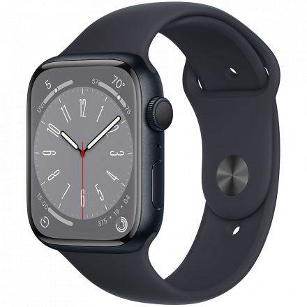 Apple Watch Series 8 GPS, 45мм, Тёмная ночь, Спортивный ремешок цвета «тёмная ночь»