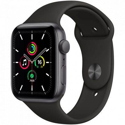 Apple Watch SE GPS, 44мм, Серый космос, Cпортивный ремешок чёрного цвета